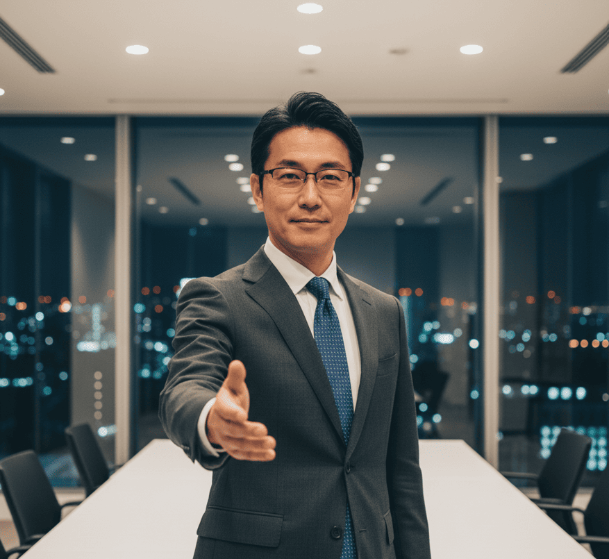 信頼感のあるオフィスで手を差し伸べる日本人探偵。難波での浮気問題解決に向けた専門家のサポートを表現。