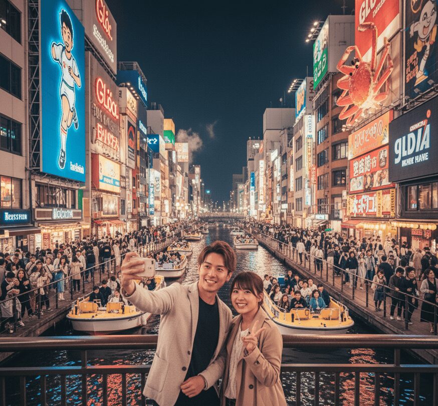 賑わう大阪の夜の街並み（道頓堀など）。人情深く活発なコミュニケーションの場を表現。
