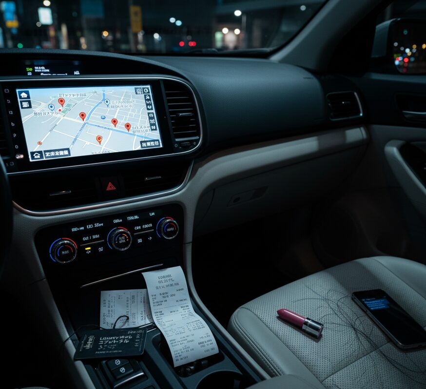 車の助手席に置かれたスマートフォンの画面に、自宅ではない場所の地図が表示され、その横にホテルのレシートや女性の髪の毛が落ちている様子。夫の持ち物や車に残る浮気の痕跡を示唆。