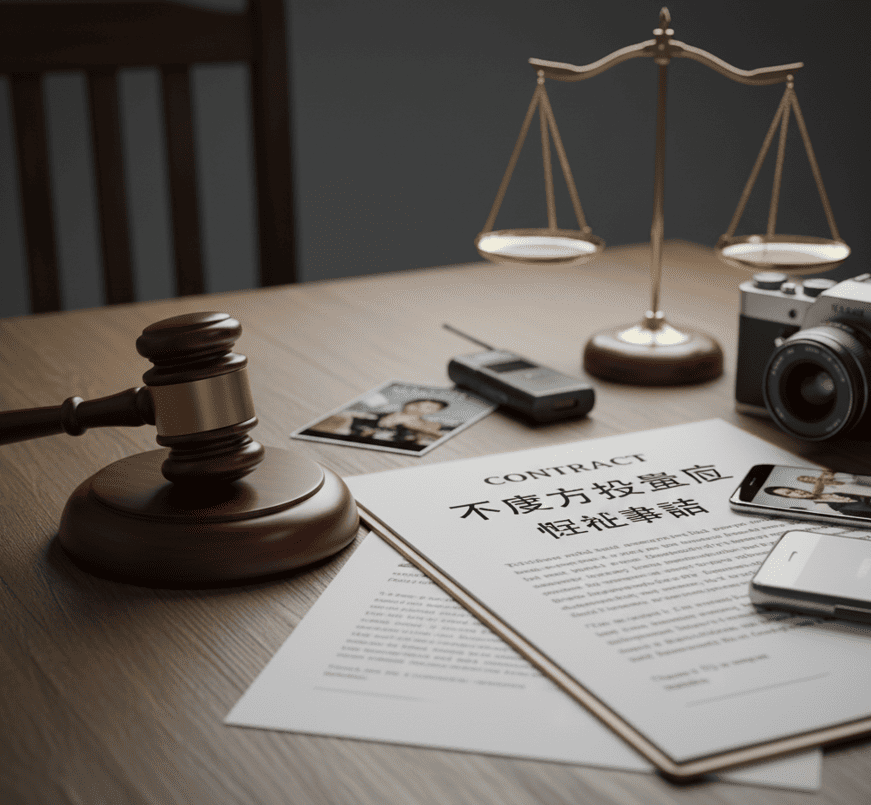 木のテーブルの上に置かれた裁判官の木槌と法的書類。証拠の重要性と対策の必要性。