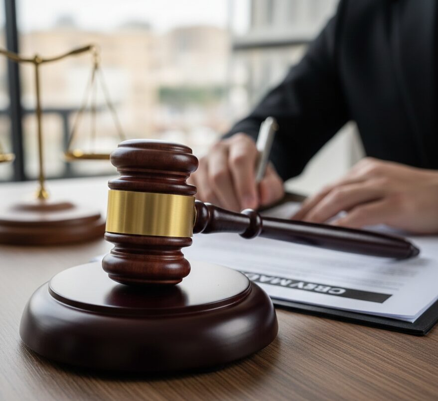 木のテーブルの上に置かれた裁判官の木槌と法的書類。証拠の重要性と対策の必要性