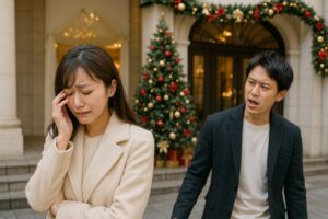 天王寺の街中でボーナス支給日にデートを楽しむ日本人男女のカップル。女性は笑顔で男性に寄り添い、どこか秘密めいた雰囲気が漂っている。