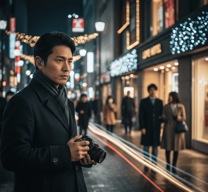 夜の梅田繁華街で、クリスマスの人混みに紛れて遠くのターゲットを鋭い視線で監視する30代後半の日本人男性探偵。浮気調査のプロフェッショナリズムと、都会に潜む浮気の実態を象徴する画像。