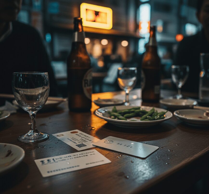 忘年会後の散らかったテーブルに紛れ込んだ、浮気の痕跡を示すホテルのカードキー。