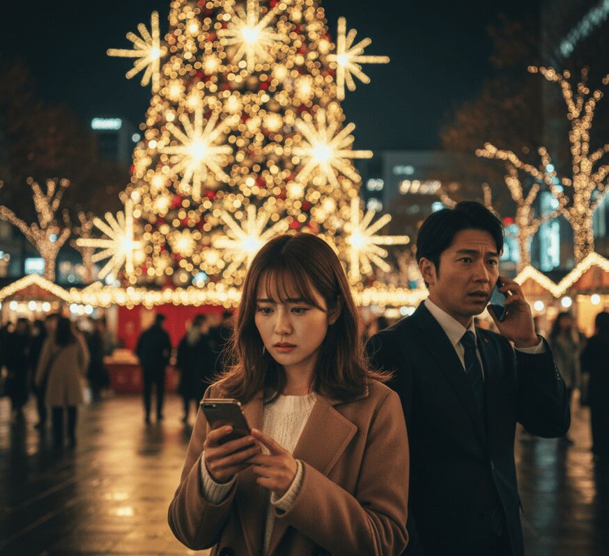 梅田のクリスマスイルミネーションが輝く広場で、スマートフォンを操作しながら周囲を警戒する30代前半の日本人男性。遠くから彼を不安げに見つめる女性の姿があり、男性の不審な行動が浮気のサインであることを示唆している。
