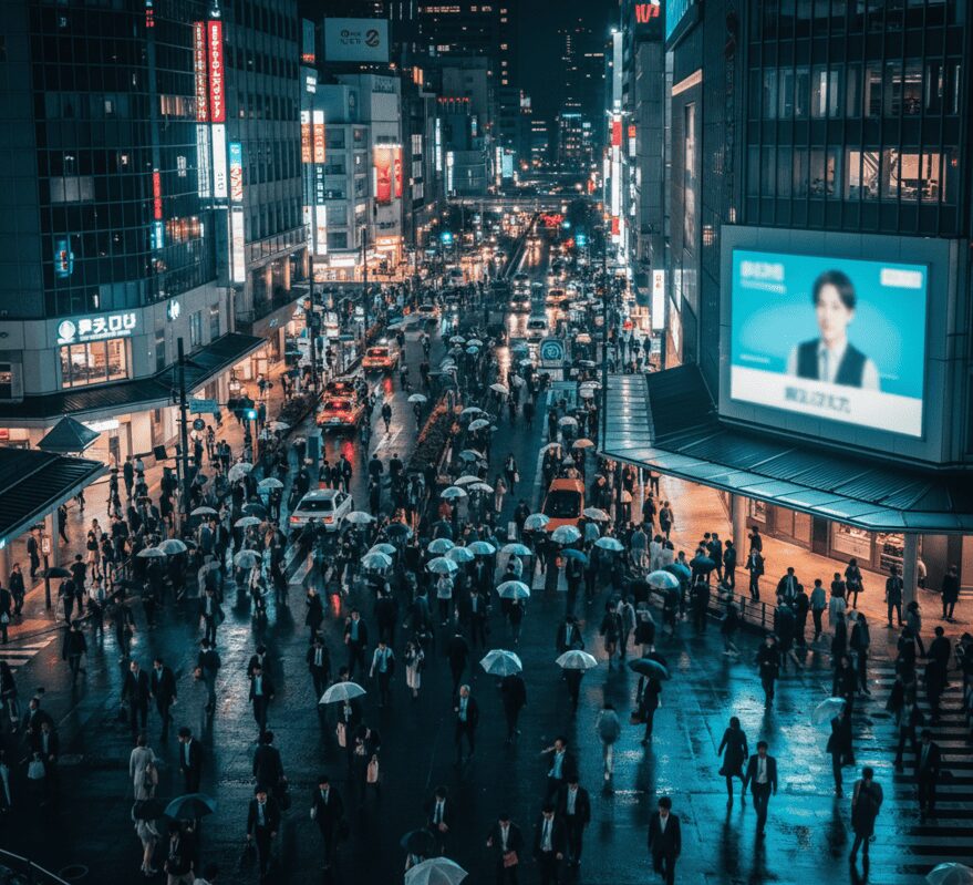 梅田駅前の深夜の雑踏。忘年会シーズンに浮気が発覚する危険性を警告するイメージ。