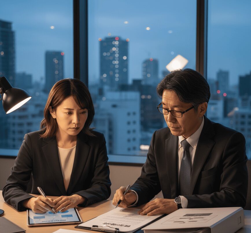 夜景が見えるオフィスで、弁護士と相談者(日本人男女)が書類を見ながら慰謝料請求について話し合っている様子。不倫発覚後の冷静な対処と法的なロードマップを表現。