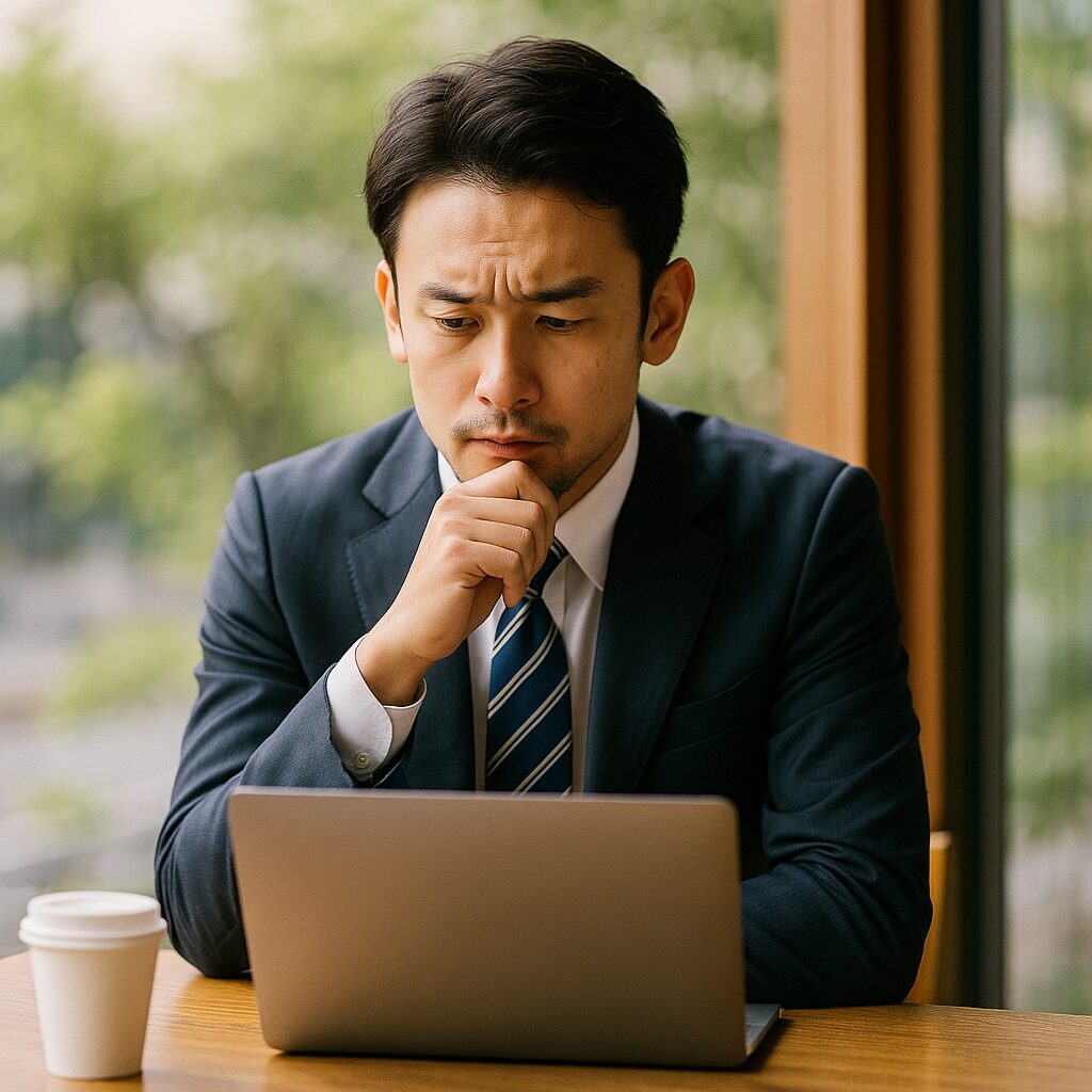 スーツ姿の東アジア系の若いビジネスマンが夜の高層ビル街の中を歩きながらスマートフォンを見つめている。彼の表情は複雑で、自己肯定感と罪悪感の間で揺れる心理を象徴しているように見える。背景にはネオンがぼんやりと輝いており、特別ボーナスによって心が動く瞬間をリアルに描写している。