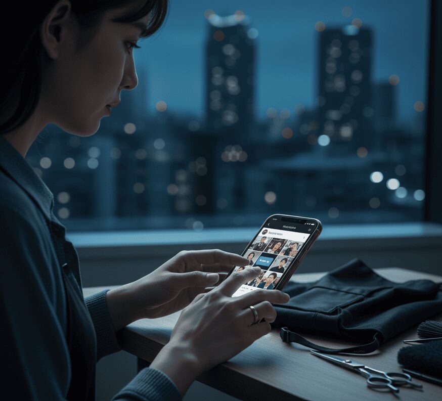 夜景が見える窓際で、スマートフォンを操作する日本人女性。傍らには美容師の道具が置かれており、パートナーの美容師としての活動に不安を感じる様子を表す。