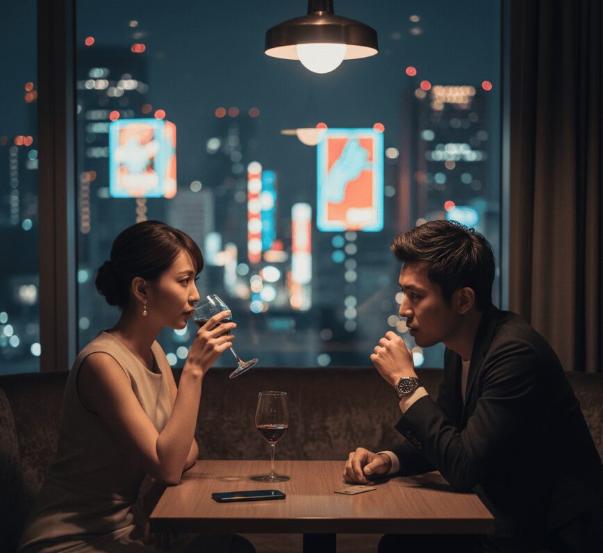 大阪の夜景が見えるバーやホテルのラウンジで、ワイングラスを傾けながら向かい合う日本人男女。美容師が密会に使いやすい定番スポットでの不倫を暗示する。