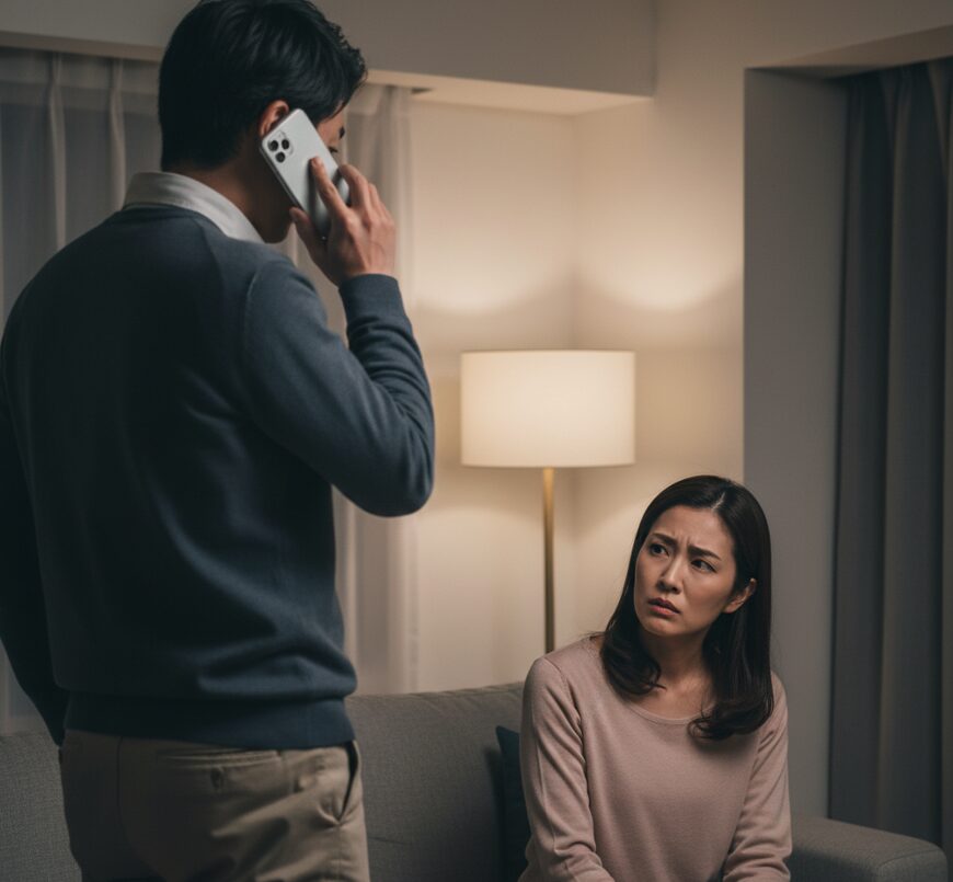 夫が妻に背を向けて電話で話しており、妻が訝しげな表情で夫を見ている様子。夫の口から出る言い訳と、妻の疑念。