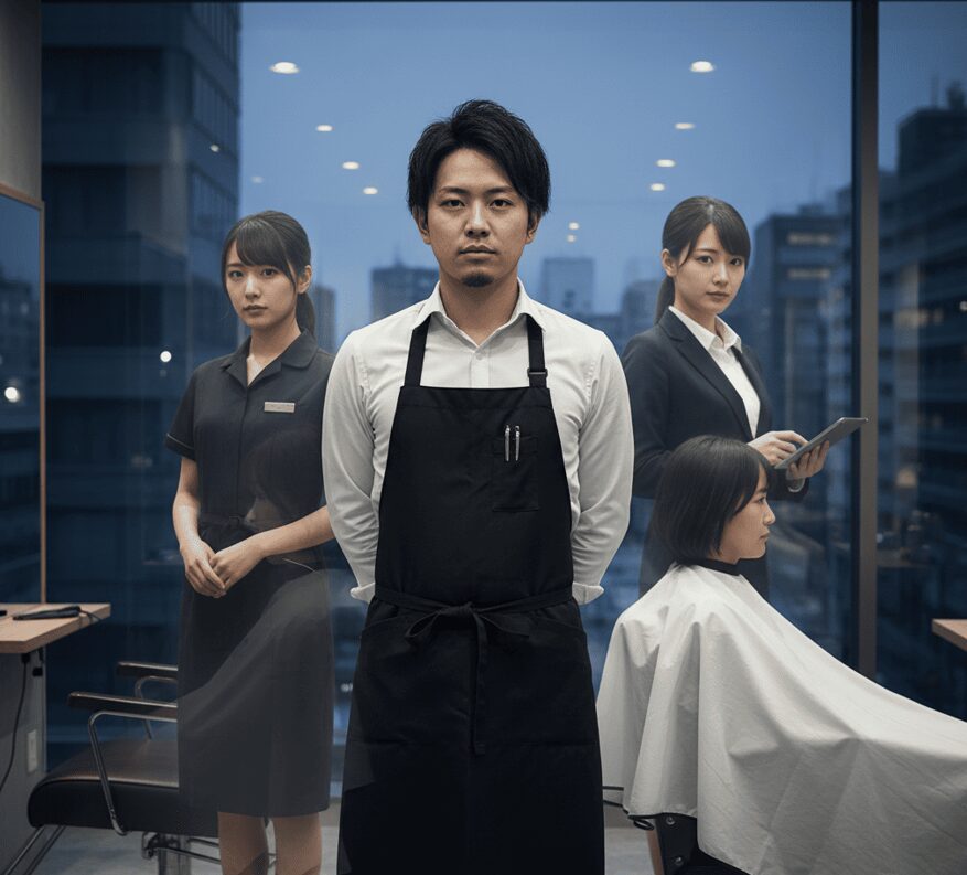 美容師の日本人男性を中心に、顧客(カットクロスをかけた日本人女性)、同僚(制服姿の日本人女性)、そして業者(スーツ姿の日本人女性)が立ち並び、仕事関係における不倫のリスクと複雑な人間関係を暗示する。