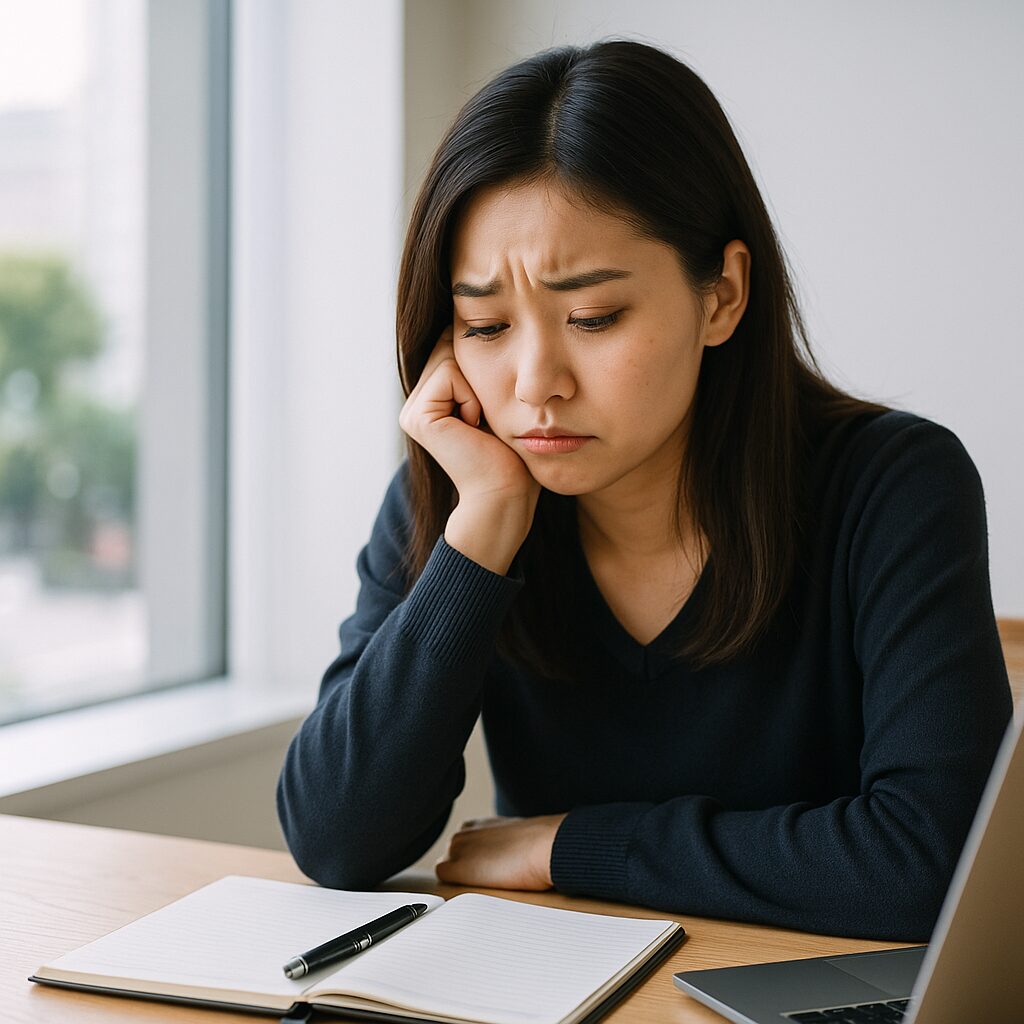 探偵事務所を選んだあとに後悔している様子の日本人女性。ソファに座り、契約書を見つめながら不安そうな表情を浮かべている。
