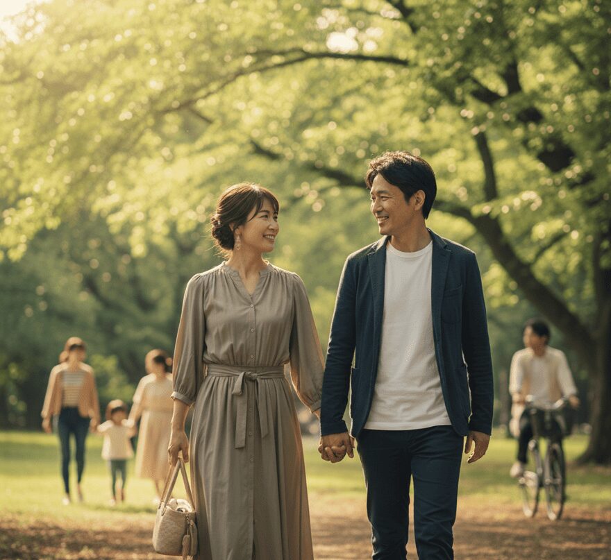 笑顔で手を繋いで公園を歩く日本の夫婦。浮気を未然に防ぐための信頼関係の構築。