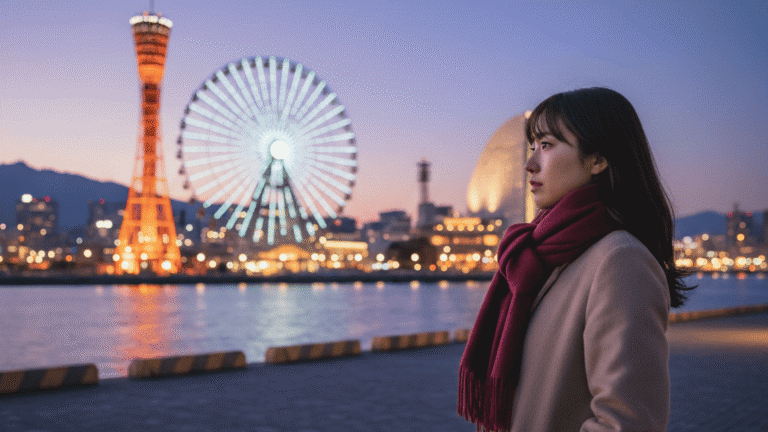 神戸の夜景（ハーバーランド）と冬の寂しげな日本人女性の横顔。神戸の冬デートでの浮気に悩む様子。
