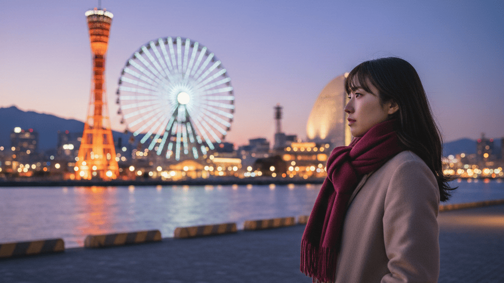 神戸の夜景（ハーバーランド）と冬の寂しげな日本人女性の横顔。神戸の冬デートでの浮気に悩む様子。