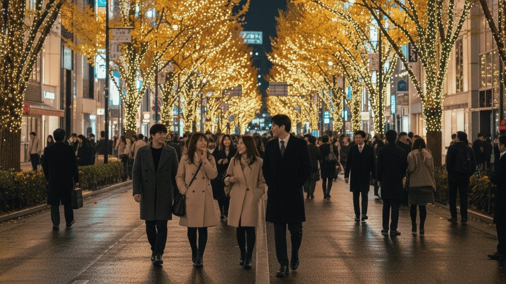 大阪の夜、御堂筋のライトアップされたイチョウ並木の下を歩く、浮気の危険を秘めたビジネスマンの後ろ姿。