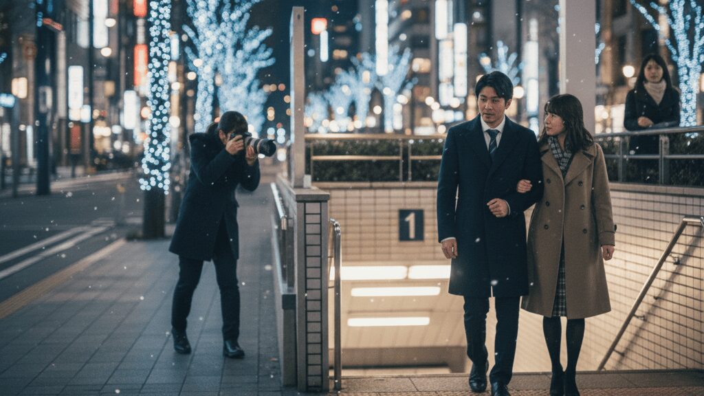 追跡中の探偵チームの視点。御堂筋線沿いのホテル入口に、日本人男女のターゲットが二人で入っていく決定的な瞬間。