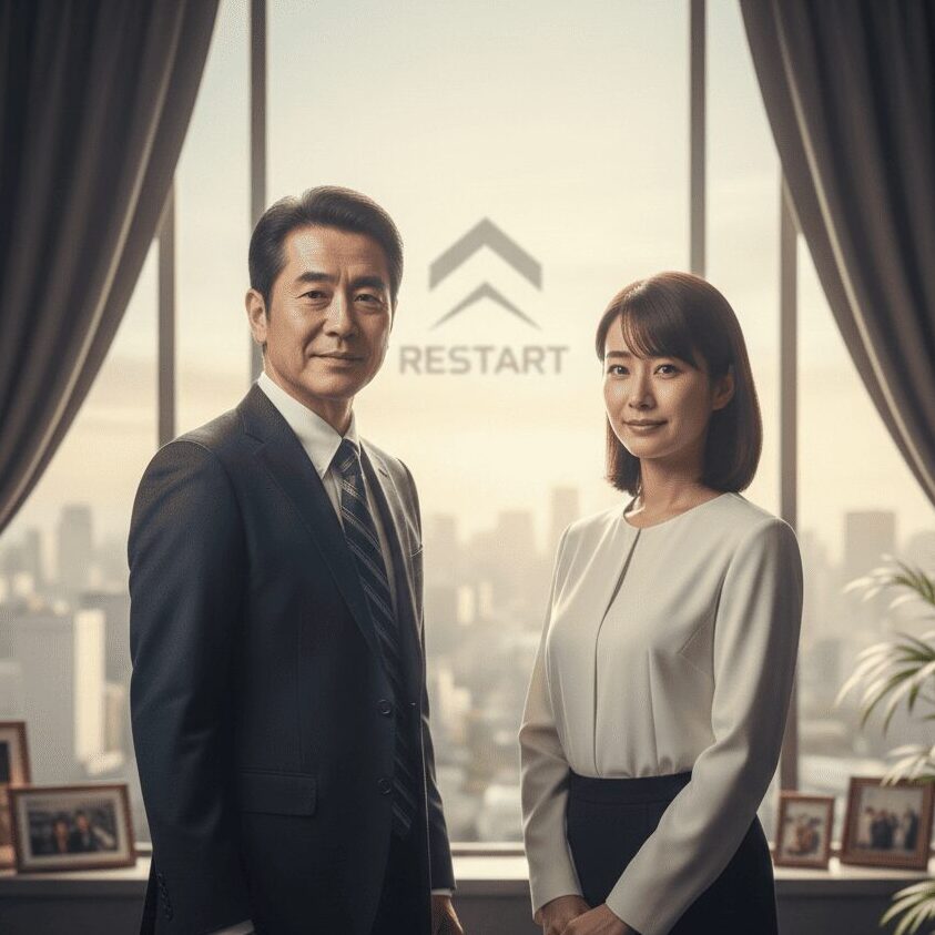 壁にある「RESTAT」の文字と、RESTART探偵事務所の社員男女がこちらをみて微笑んでいる