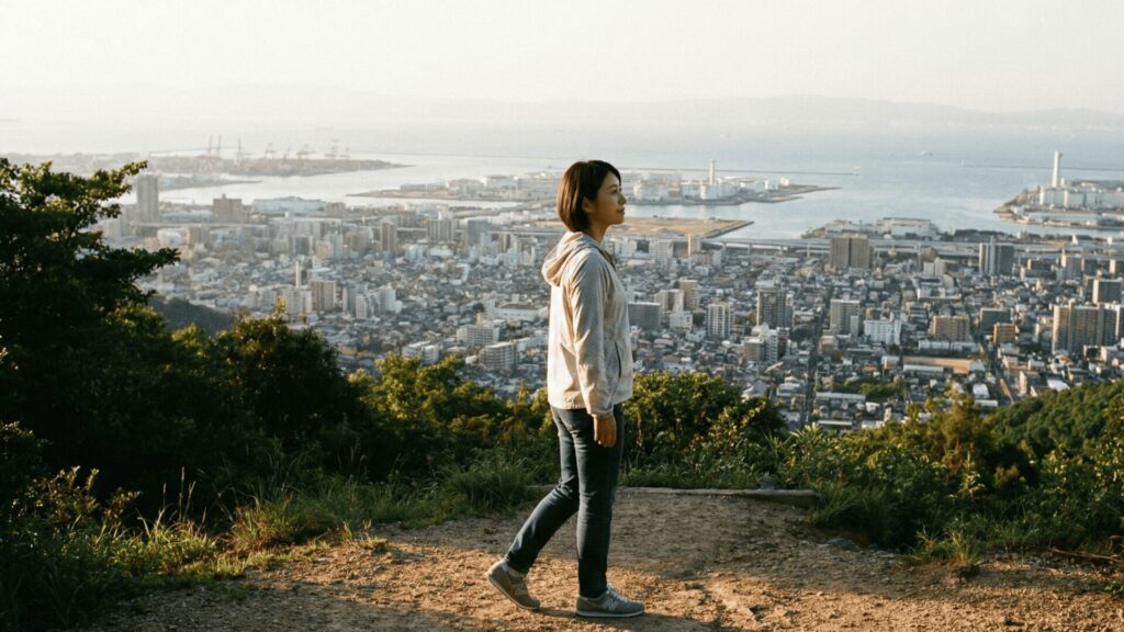 兵庫県西宮市の街並みを一望する場所で、浮気疑惑の真実を知り、新たな人生の再スタート（RESTART）へ向けて前向きな一歩を踏み出す女性の姿