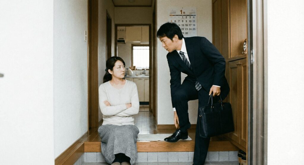 1月のカレンダーが掛かった玄関先で、スーツ姿の夫が急な出勤を告げ、妻が腕組みをして疑いの眼差しを向けている様子。年始早々の不自然な残業や休日出勤が浮気のサインであることを示唆している。