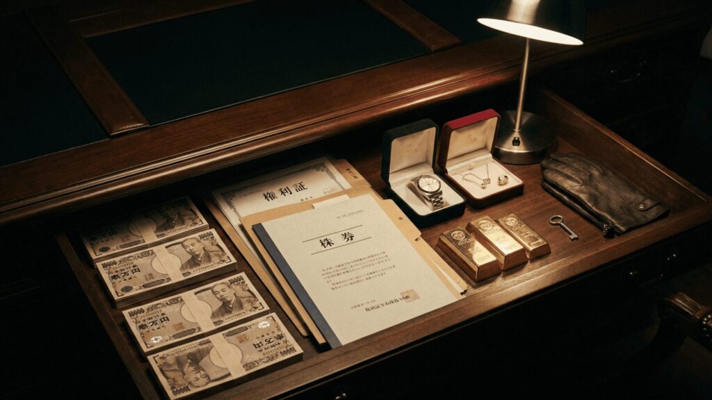 離婚準備のために夫が隠しているかもしれない資産(現金、権利書、貴金属)のイメージ。