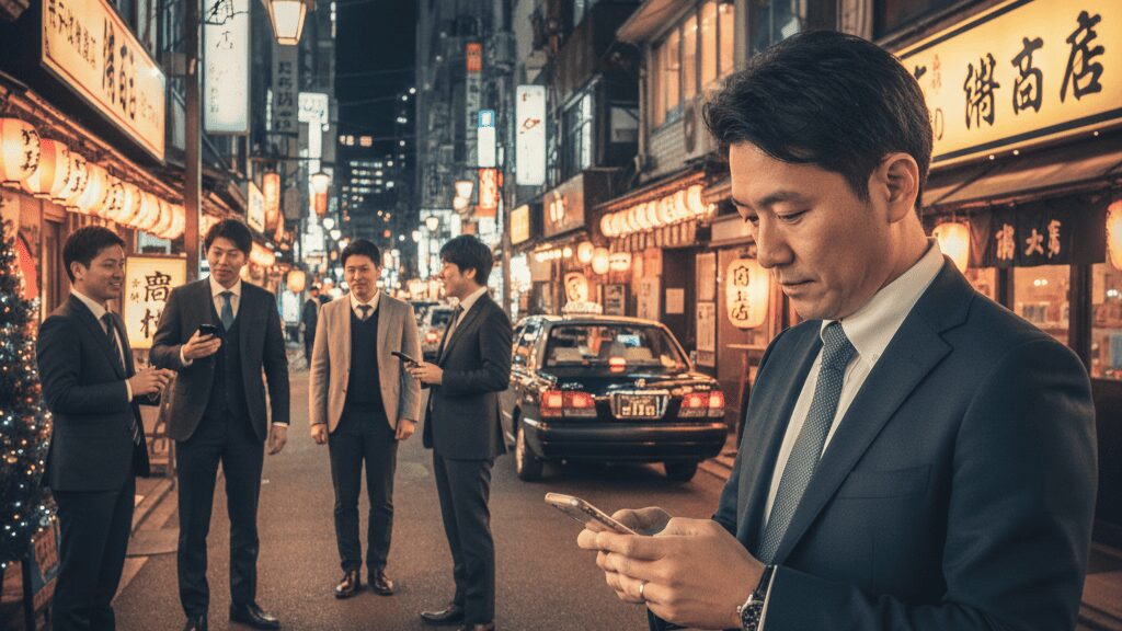 忘年会シーズンで賑わう大阪の居酒屋街。開放感から浮気相手と合流しようとするスーツ姿の人物。