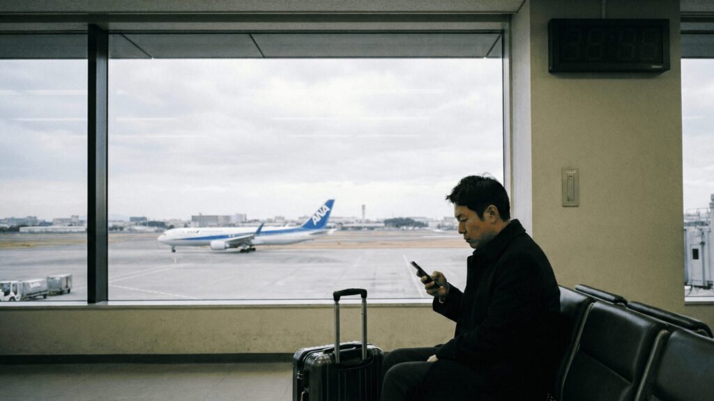 大阪国際空港(伊丹空港)の出発ロビーで、スーツケースの横に座りスマートフォンを操作する男性。帰省時の移動に伴う「空白の時間」を過ごしている様子。