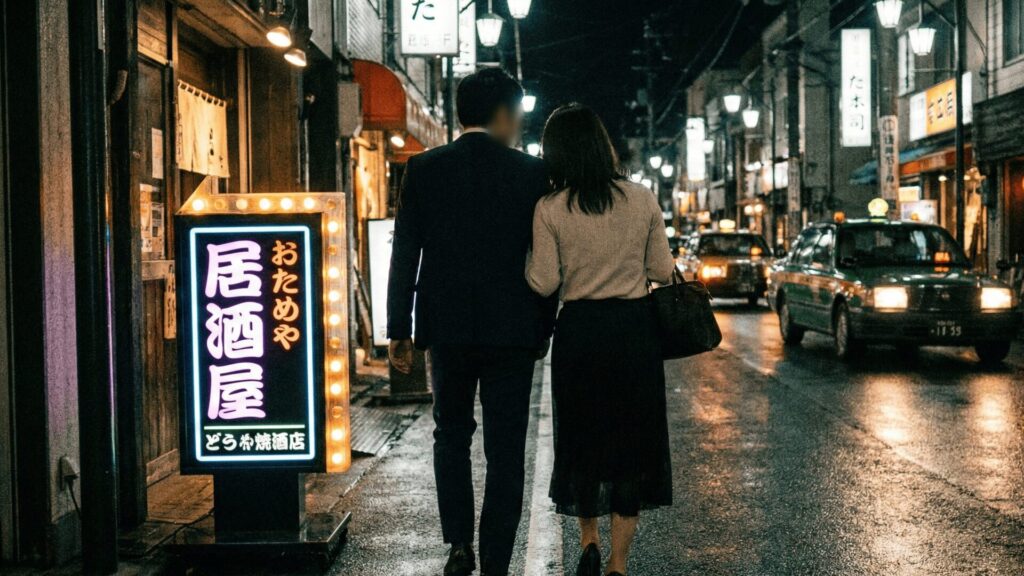 兵庫県西宮市の繁華街で夜遅くまで飲み歩き、地元の友人と会うと嘘をついて浮気をする既婚男性のイメージ