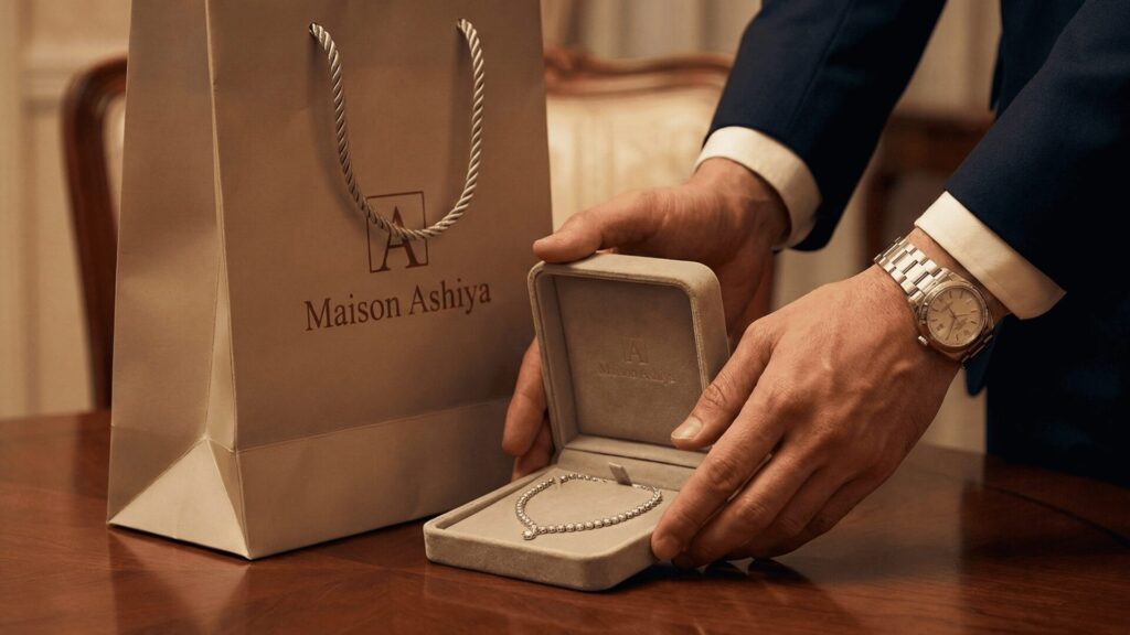 夫が罪悪感を隠すために渡す高級ブランドのプレゼントと、それを差し出す手元。