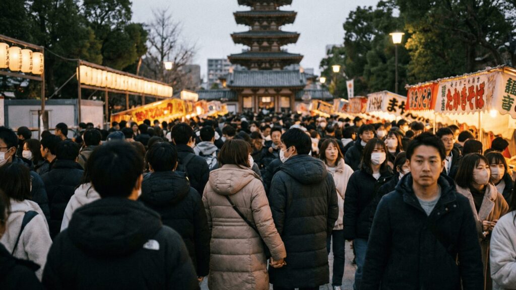 大阪天王寺の定番不倫スポット（四天王寺の初詣・あべのハルカスなど）の正月の人混みに紛れてデートを楽しむカップルの様子