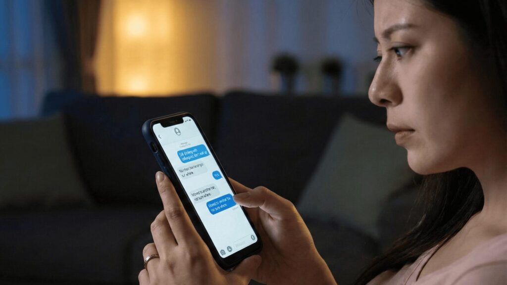 深夜の暗いリビングで、新年会に行っているパートナーからの「まだ飲んでる」「店はわからない」といった曖昧なメッセージを不安な表情で見つめる女性。連絡の頻度や内容の矛盾から、浮気を疑い始めている様子。