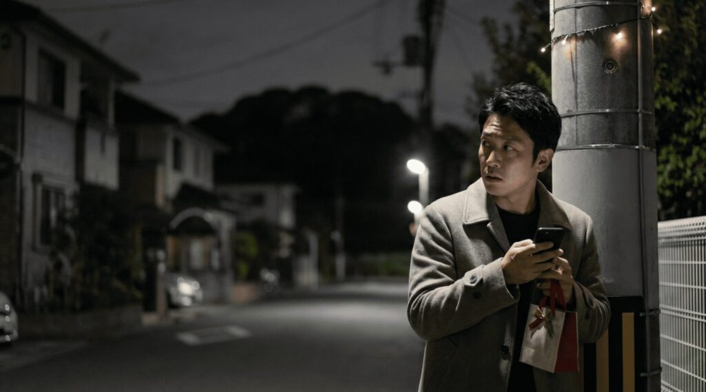 大阪府堺市の夜の住宅街で、クリスマスシーズンに浮気相手へのプレゼントを持ち、周囲を警戒しながらスマートフォンを操作する男性の様子。