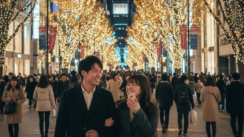 御堂筋の美しいイルミネーションを見つめ、ロマンチックな非日常感に浸る男女のシルエット。