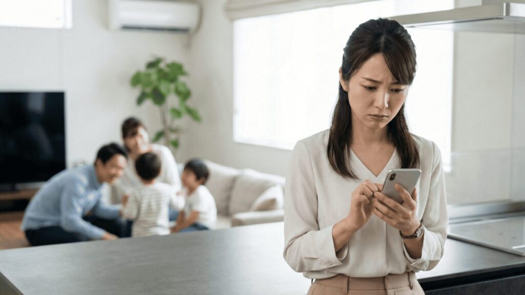 幸せそうな家族の裏で、夫の行動に違和感を覚え、スマホを見ながら不安な表情をする芦屋在住の女性。