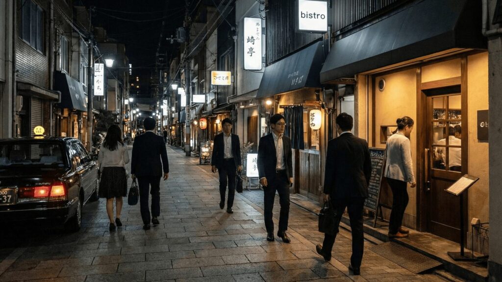 大阪市西区の路地裏にある、隠れ家的な雰囲気が漂う夜の飲食店街。仕事帰りのスーツ姿の会社員たちが行き交っており、新年会や密会に使われやすいエリアの特性を表している。