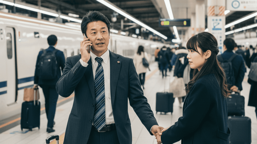 新幹線駅の改札前で、スーツケースを持ちながら誰かと携帯電話で連絡を取る日本人男性。出張を偽装するアリバイ工作のイメージ。