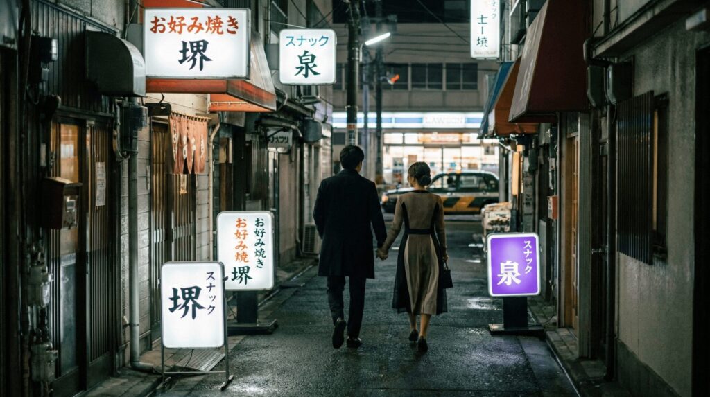 大阪府堺市にある「堺東」周辺の裏路地の飲み屋街で、夜に手を繋いで歩くカップルの後ろ姿。「お好み焼き 堺」「スナック 泉」といった看板が並ぶ、人目につきにくい密会デートスポットの様子。