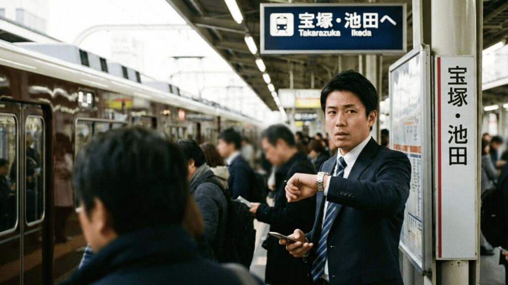 阪急電鉄の「宝塚・池田」方面行きホームで、腕時計を見ながら焦った表情を浮かべる日本人男性サラリーマン。電車の遅延などを言い訳にして、浮気相手と会うための不自然な「時間のズレ」を作ろうとしている様子。