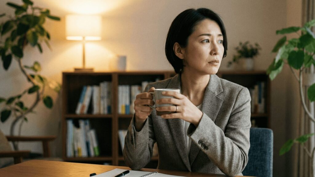 帰省中の浮気によって壊れた家族の信頼について、深く考えを巡らせる女性カウンセラーの様子