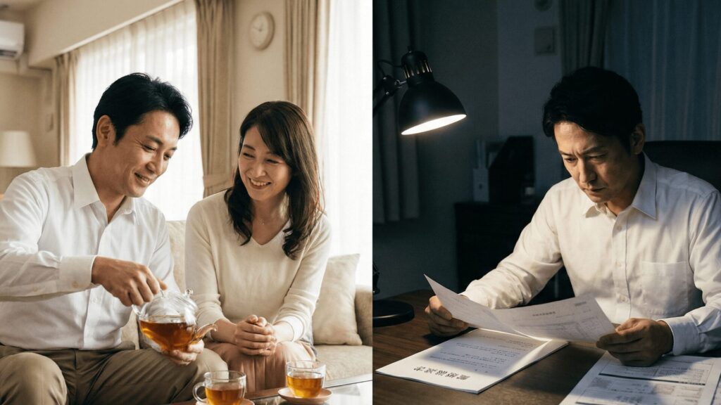 妻には笑顔を見せる一方で、裏では冷酷な表情で離婚の準備を進める夫の二面性。