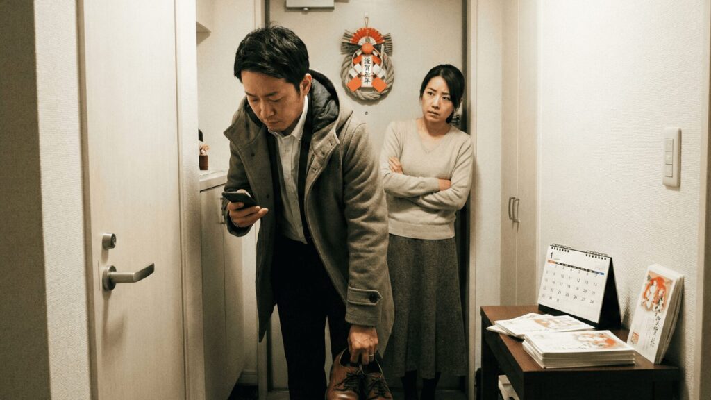 正月の玄関で「同窓会に行く」と嘘をついて出かけようとする夫と、その行動に浮気の疑念を抱き腕組みをして見つめる妻の心理描写