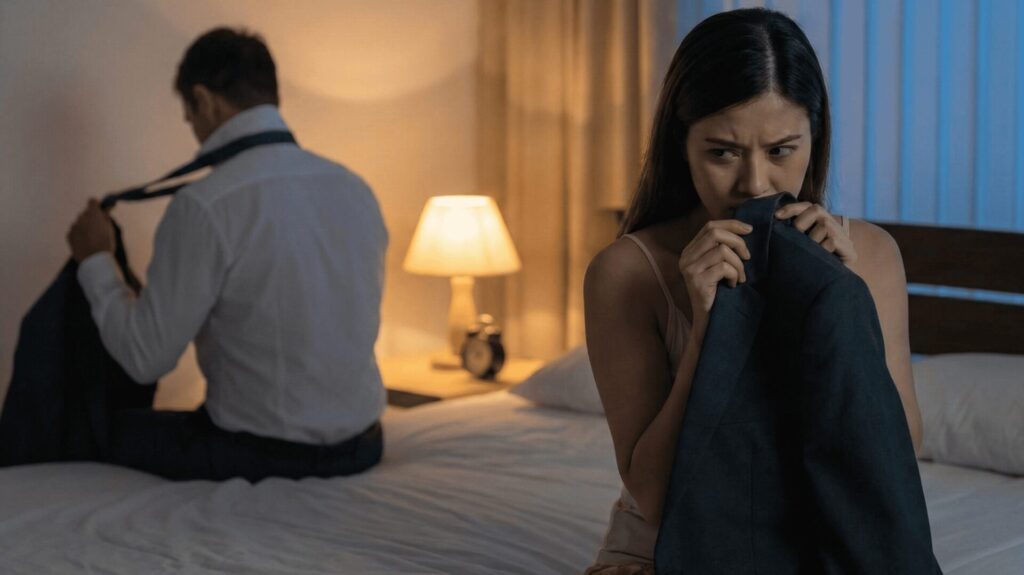 新年会から深夜に帰宅した夫のスーツやYシャツから、居酒屋のタバコや油の匂いではなく、女性物の香水やシャワーの甘い残り香が漂っていることに気づき、浮気を確信して怪しむ妻の様子。