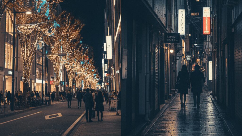 大阪・心斎橋の夜。明るい大通りと、浮気密会に使われやすい裏路地や雑居ビルの対比。