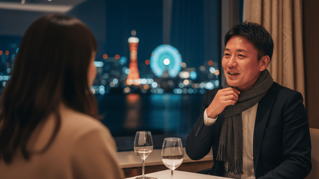神戸の夜景が見えるホテルのバーで、浮気相手と親密に過ごす日本人男性。高揚感と密室性が浮気のサイン。