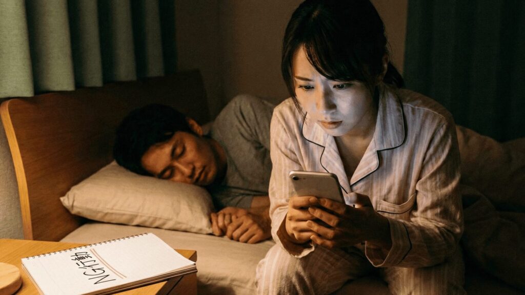 浮気を疑い、夜中にパートナーのスマホをこっそり見ようとしてしまうNG行動のイメージ