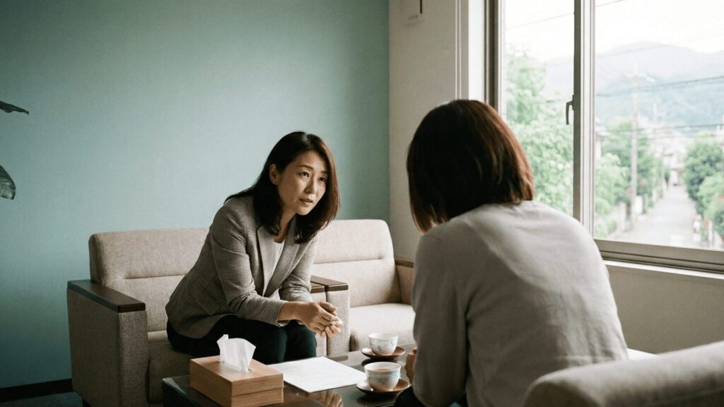 芦屋の探偵事務所で、親身になって相談者の話を聞く女性カウンセラーの様子。