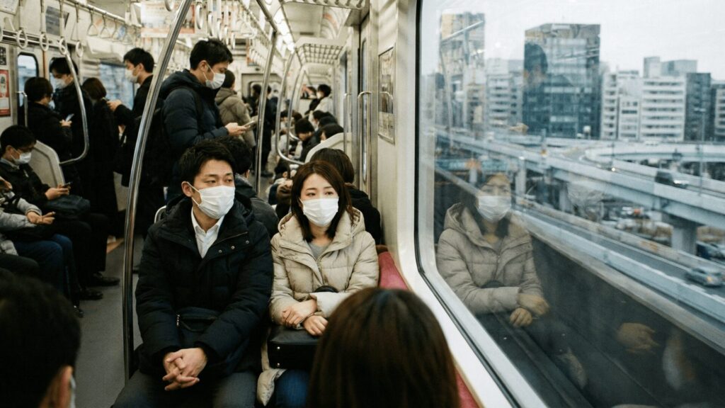 大阪市此花区や中央区などの近隣エリアから天王寺へ向かう電車内で、周囲を警戒して他人行儀に座る不倫カップルの移動風景
