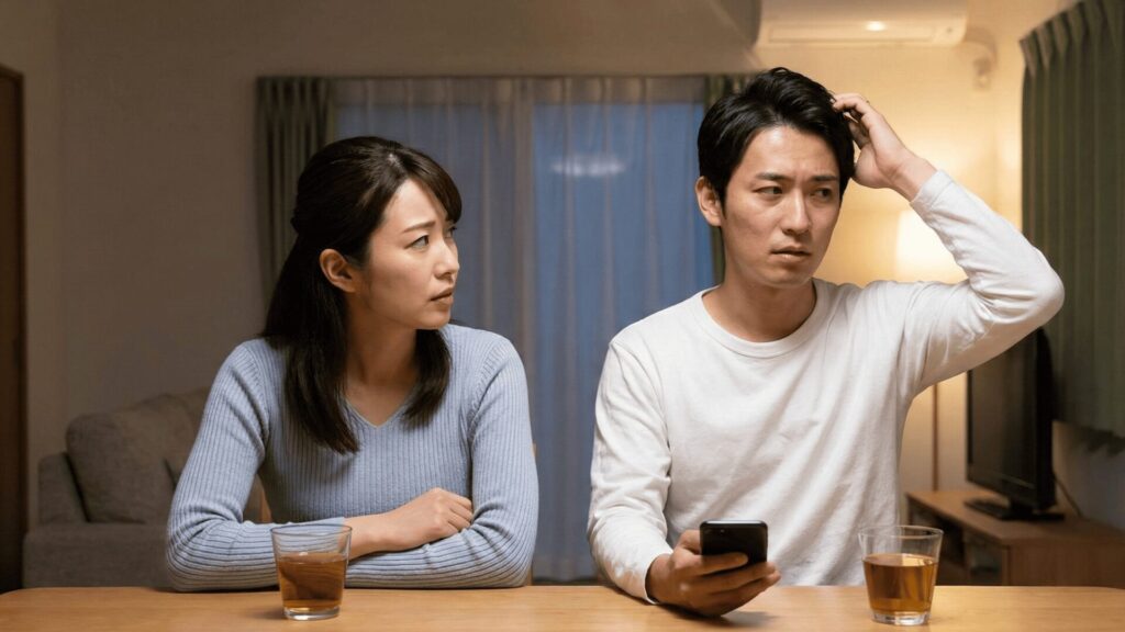 リビングで、妻から新年会の同席者について問い詰められ、特定の人物の名前を出すことを避けたり、嘘をごまかそうとして視線をそらし、困惑した表情で頭をかく夫の様子。会話の不自然さから浮気を疑われている緊迫した空気感が伝わる。
