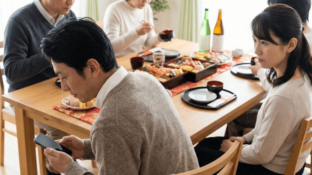 お正月の家族団らん中、隠れてスマホをチェックする夫と、それを見逃さない妻の視線。